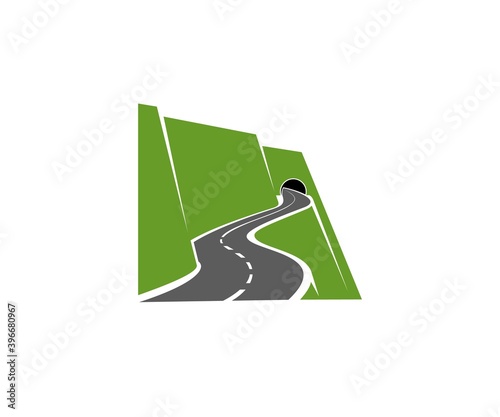 Winding mountain road or highway with tunnel in cliff icon. Speed freeway, driveway or pathway on sidehill or steep mountainside going in tunnel vector. Road travel voyage, transportation emblem