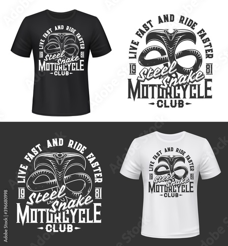 Tshirt print with cobra, vector mascot for motorcycle club, apparel mockup with attacking snake extended hood and open mouth. Uniform, t shirt activewear or badge with cobra and steel snake typography
