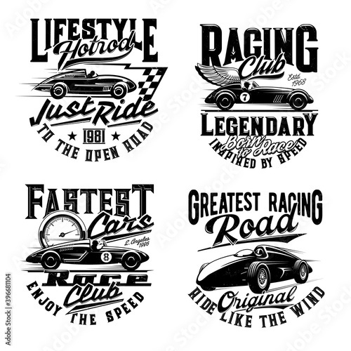 Car races t-shirt print mockup, retro automobile rally and sport club signs. Vintage auto and classic vehicles racing, legendary champion road racing, sportcar and speedometer for t shirt print