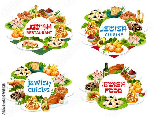 Jewish cuisine food vector round banner. Chicken breasts, fish balls and black radish salad with honey, liver pate, potato latkes and challah, hamantash, matzah and falafel. Jewish restaurant dishes