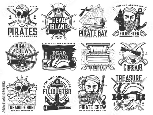 Pirate icons, vector Jolly Roger skulls or skeleton heads, black flag, captain tricorn sailor hat, crossed bones, swords or sabers and anchor with spyglass. Dead island, flibusters piracy symbols
