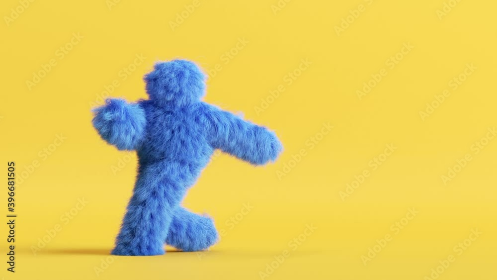 blue hairy 3d cartoon character dancing on yellow background, person wearing furry costume, funny mascot looping animation, modern minimal seamless motion design