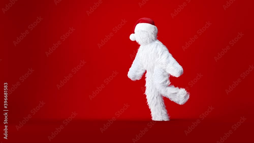 white funny yeti in Christmas hat dancing. Looping animation of a furry bigfoot cartoon character, hairy monster isolated on red background, 3d render festive mascot