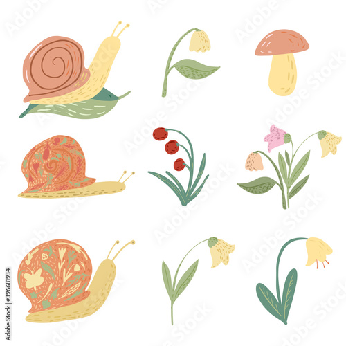Fototapeta Naklejka Na Ścianę i Meble -  Set snail and flower on white background. Funny cartoon character: snail, lily of the valley, bellflowers, mushroom, leaf, berry in doodle style.