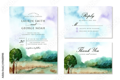 wedding invitation set with dreamy landscape watercolor background