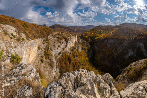 Panorama of the Great Canyon of Crimea in the autumn season