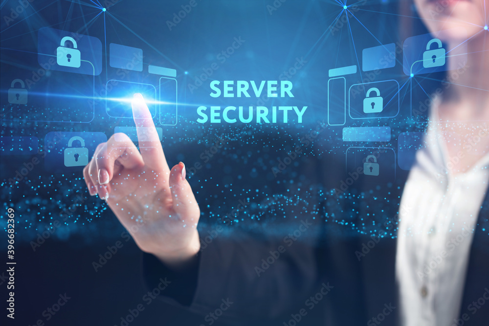 Obraz premium Business, Technology, Internet and network concept. Young businessman working on a virtual screen of the future and sees the inscription: Server security