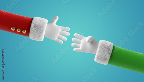 3d render, Santa Claus and elf cartoon characters hands wearing white gloves, handshake gesture. Christmas clip art isolated on blue background photo