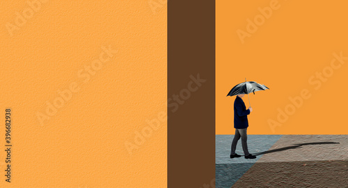Man holding Umbrella and walking in the streets. Concept of Success.