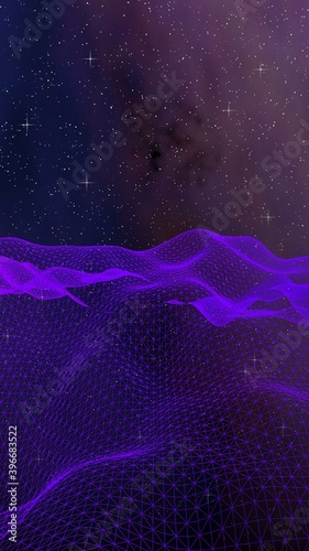 Abstract ultraviolet landscape on a dark background. Purple cyberspace grid. hi tech network. Outer space. Violet starry outer space texture. 3D illustration