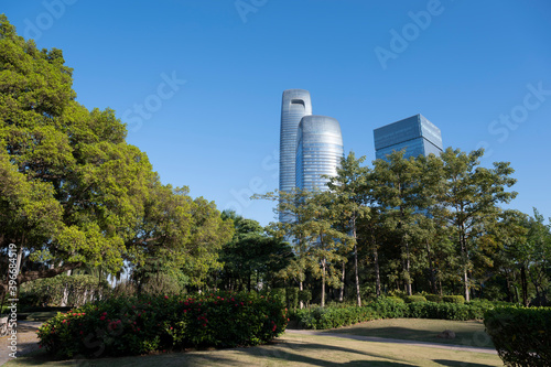 Skyscrapers and park plants