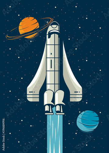 spaceship and planets in poster vintage style