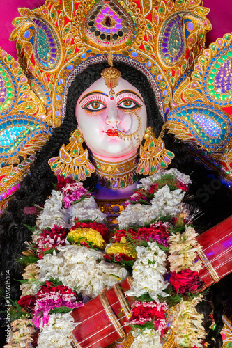 Face of Goddess Saraswati at Kolkata, West Bengal, India. Saraswati is Hindu goddess.