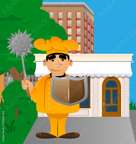 Fat male cartoon chef in uniform holding a spiked mace and shield. Vector illustration.