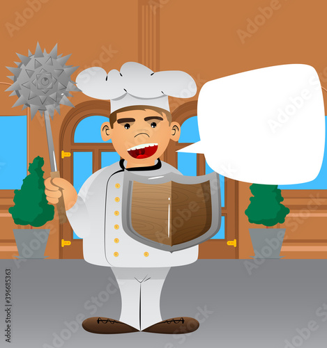 Fat male cartoon chef in uniform holding a spiked mace and shield. Vector illustration.