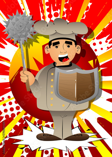 Fat male cartoon chef in uniform holding a spiked mace and shield. Vector illustration.