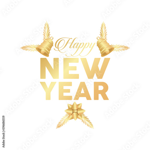 happy new year golden lettering with bells hanging and bow