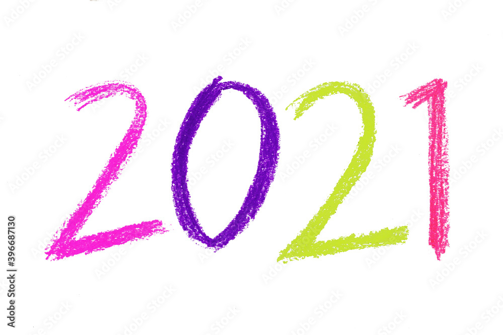 2021 text hand writing crayon oil pastel isolated on white background, Happy new year 2021 text hand writing crayon oil pastel isolated on white background, Happy new year