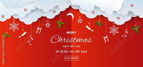 Merry Christmas and Happy new year sale banner background,paper cut style for poster,header,advertising,shopping online,website or promotion