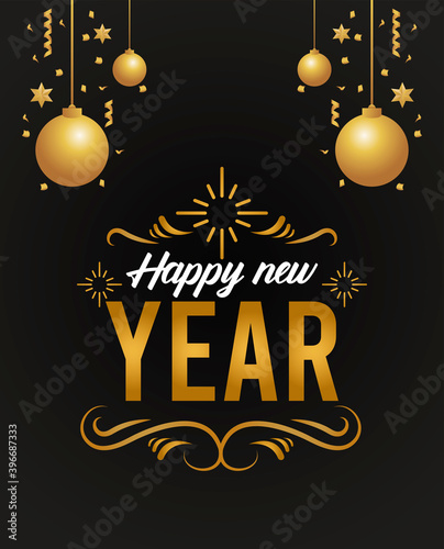 happy new year lettering card with golden balls hanging in black background