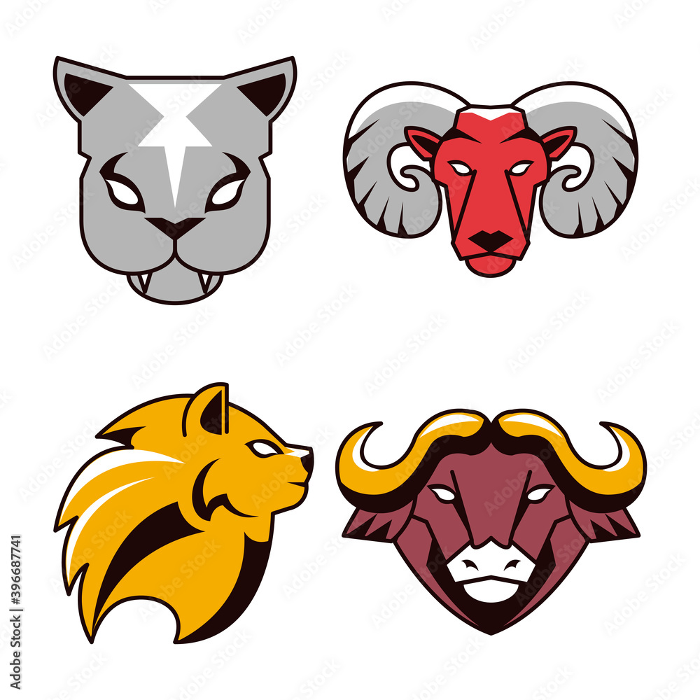 bundle of four heads animals emblems icons in white background