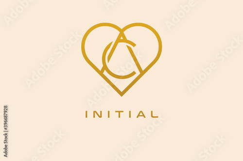 Abstract initials  A and C logo, gold colour line style heart and letter combination, usable for brand, card and invitation, logo design template element,vector illustration