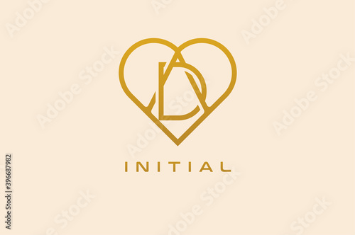 Abstract initials  A and D logo, gold colour line style heart and letter combination, usable for brand, card and invitation, logo design template element,vector illustration