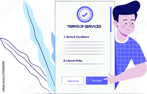 boy with terms of services paper flat design illustration, Terms of use accepting letter