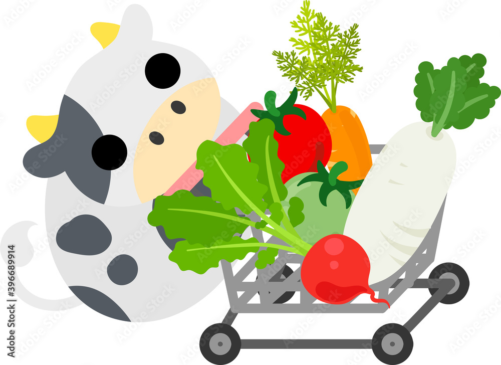 ぬいぐるみのようなころころ牛と買い物カゴのイラスト Vector De Stock Adobe Stock