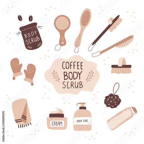 Coffee scrub and massage brushes. Exfoliation skin with organic products. Cellulite cosmetic. Body care concept. Vector illustration in cartoon style.