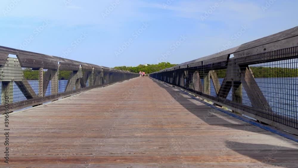 Long shot of the boardwalk, a couple in the distance walking towards camera. Long shot of the boardwalk, a couple in the distance walking towards camera.