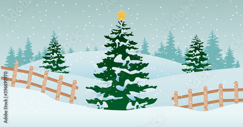 beautiful winter landscape scene with christmas tree and fence
