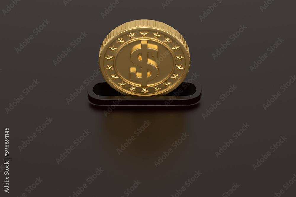 Savings Concept, Big coin in bank. 3D illustration. Savings Concept, Big coin in bank. 3D illustration.