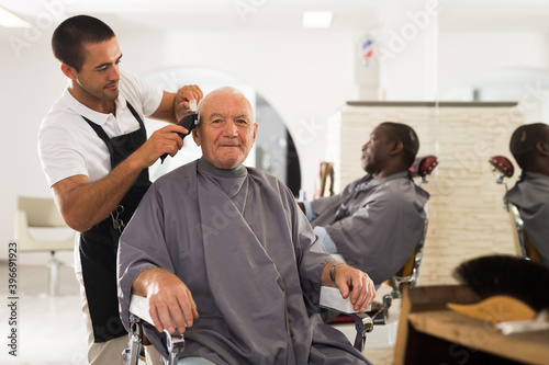 Aged male client getting trendy haircut at barber shop from professional hairstylist using machine