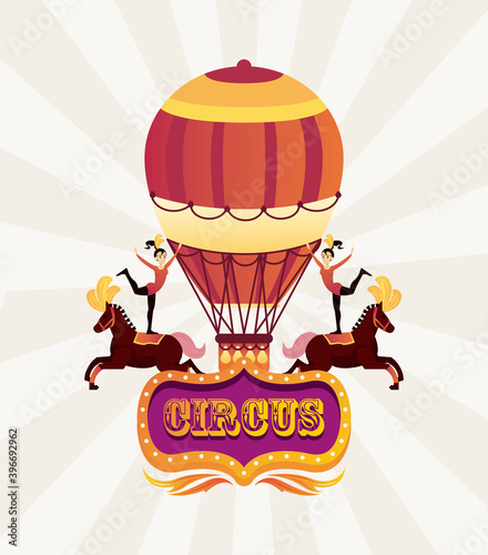 circus women artists characters in horses with balloon air hot