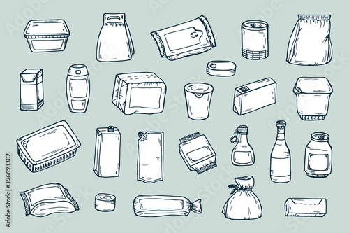 Product packaging Vector set. Mock Up Template Food and drink Packing. Hand Drawn doodle: cans and bottles, plastic boxes, cardboard and paper package blank objects