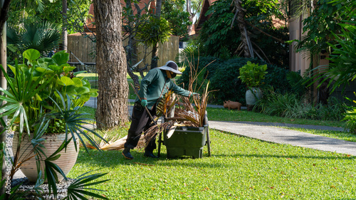 Hotel Gardener Collects Leaves photo