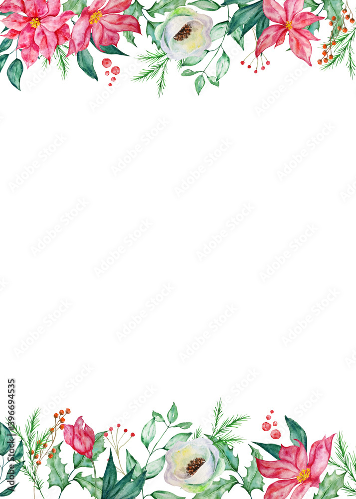Watercolor Christmas rectangular frame with winter fir and pine branches Watercolor Christmas rectangular frame with winter fir and pine branches