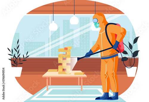 A man from epidemiological service doing disinfection in office or livingroom with board game to kill viruses and bacteria. Male character in a protective suit sprays a room with disinfectant solute