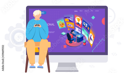 A teenager with a gamepad in his hands participates in an online tournament in a video game. The player watches the online competition and repeats the participants. Illustration of an esports match