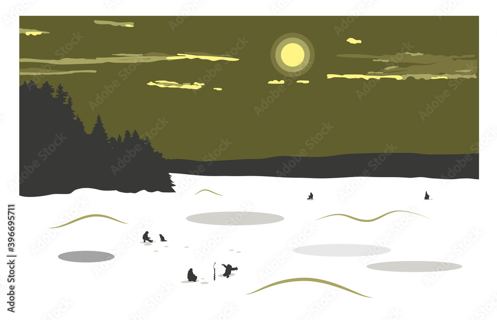 Fototapeta premium Winter landscape with a view of a frozen snow-covered lake. Fishermen catch fish on the lake. Winter fishing. Vector illustration.
