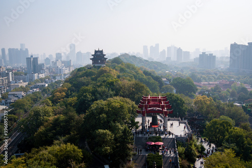 Aerial view of Wuhan city. Chinese letters on tower is 