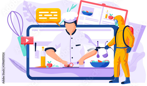 Professional chef slices bell pepper on a cutting board for the salad. Video recording of a culinary blog via the Internet. A man from epidemiological service doing disinfection. Online cooking