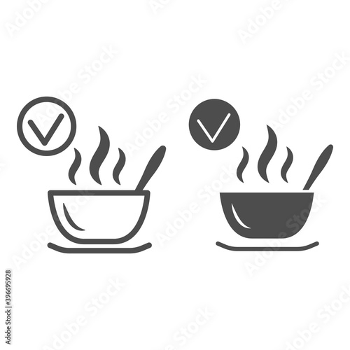 Hot dish with check mark line and solid icon, International dentist day concept, No hypersensitivity tooth sign on white background, Tooth not sensitive to hot icon in outline style. Vector graphics.