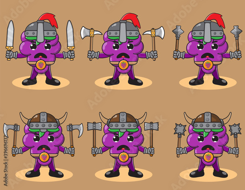 Illustration vector graphic cartoon character of Grape fruit knight and viking with dual weapon set . Hand up pose set. Cute and funny fruit set vector illustration