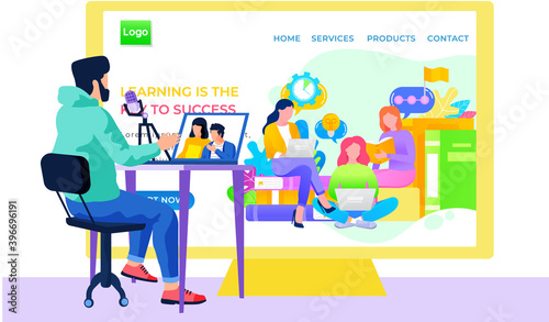 A bearded man sits at a table with a microphone and a laptop and looks at the screen. Application for learning online, Internet website layout. Women are sitting with laptops and read information