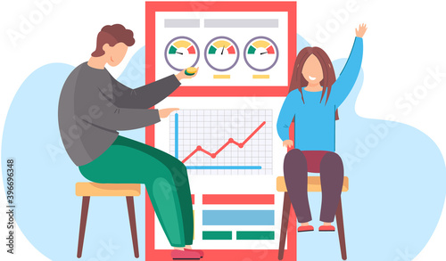 Human infographic. Child with dad near poster, report with diagrams and graphs. Statistics demographics, families and infants info elements. Vector Illustration template for presentation Information