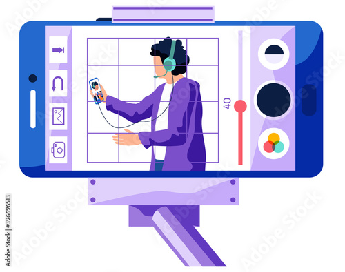 Man in blue headphones with a phone in his hands. Male character in a purple sweater is singing and recording song. A person watches broadcast from a phone fixed to a monopod vector illustration