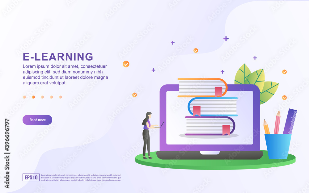 Illustration concept of e-learning with the book on the laptop screen. Illustration concept of e-learning with the book on the laptop screen.