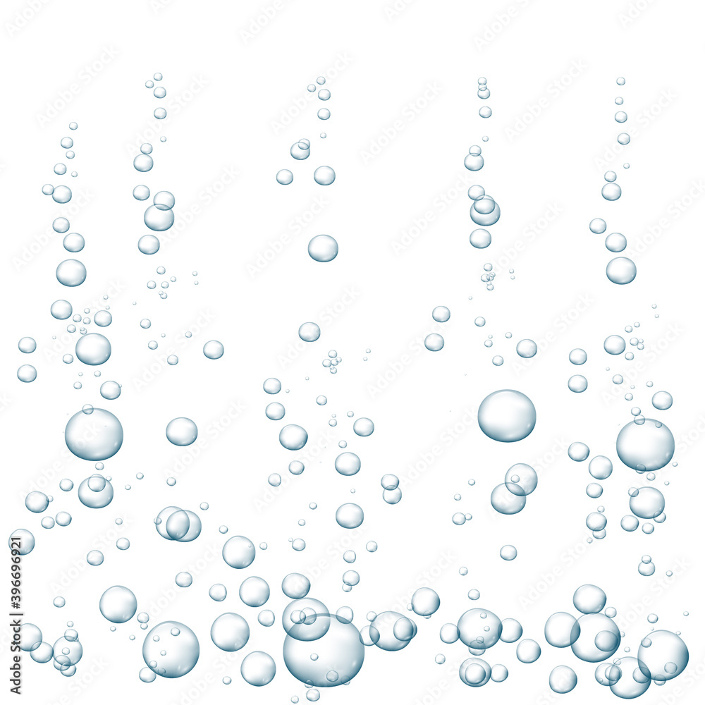 Blue fizzy bubbles. Sparkles underwater stream in water, sea, aquarium. Fizzy pop and effervescent drink. Abstract fresh soda bubbles. Vector illustration.